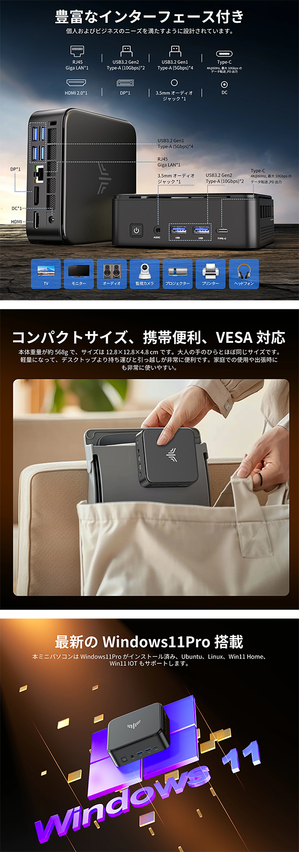 新品 ミニデスクトップパソコン PC NiPoGi E3B R5/R7 3画面同時出力 Windows11 Pro