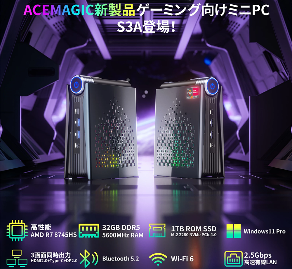 新品 ミニデスクトップパソコン PC ACEMAGIC S3A AMD Ryzen7 8745HS 3画面同時出力 Windows11