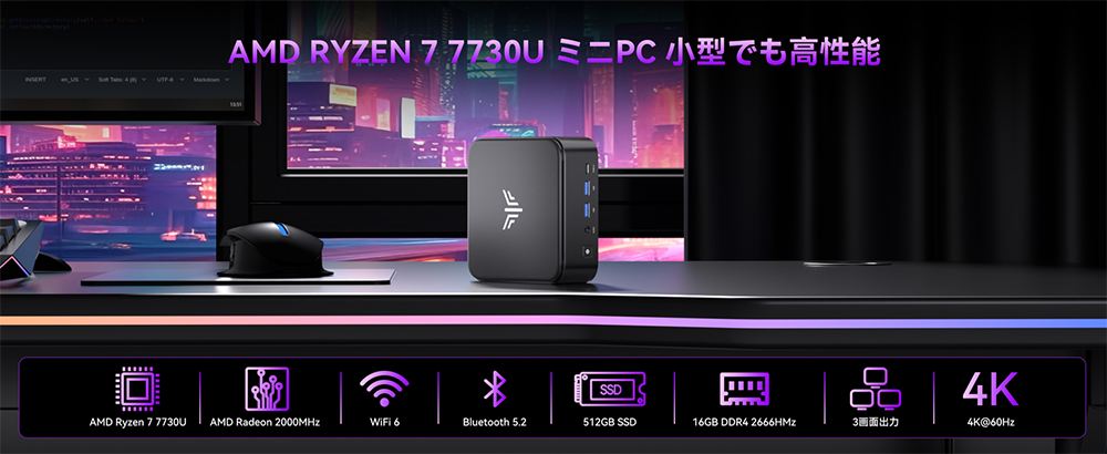 新品 ミニデスクトップパソコン PC NiPoGi E3B AMD Ryzen7 7730U メモリ 16GB SSD 512GB Wi-Fi6 3画面同時出力 Windows11