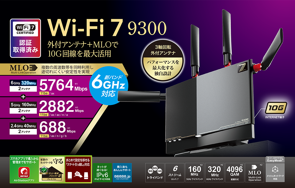 新品 無線LANルーター 親機 Wi-Fi7 バッファロー WXR9300BE6P/N