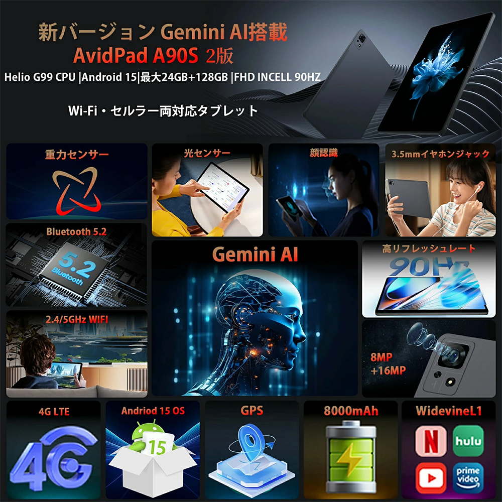 新品 タブレット AvidPad Gemini Al 90Hz 11型 Android15 CPU MediaTek Helio G99 RAM 24GB ROM 128GB 無線LAN
